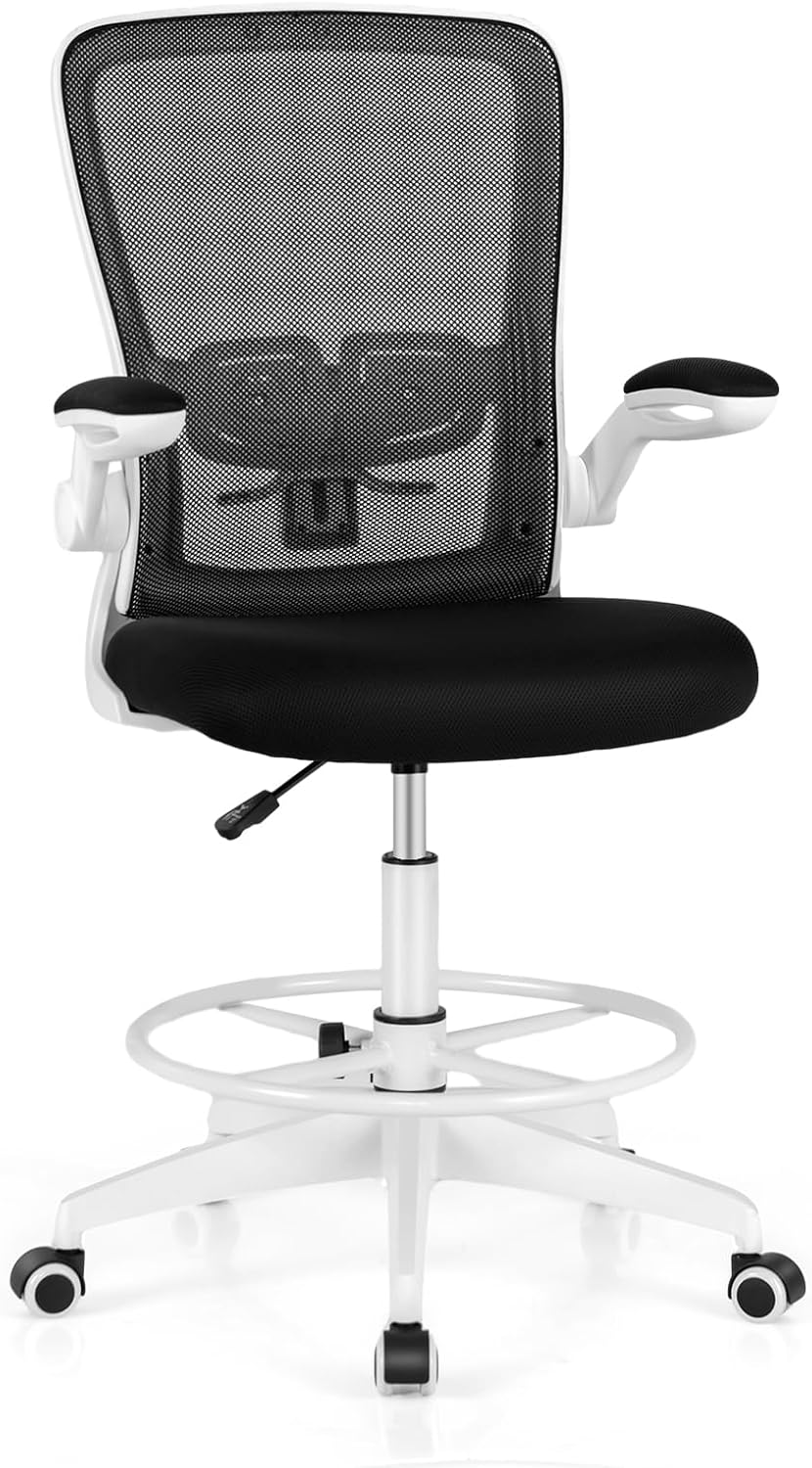 Giantex Drafting Chair Tall Office Chair, Ergonomic Computer Standing Desk Chair w/Flip-Up Armrests & Adjustable Footrest Ring, Breathable Mesh Swivel Task Chair w/Lumbar Support f