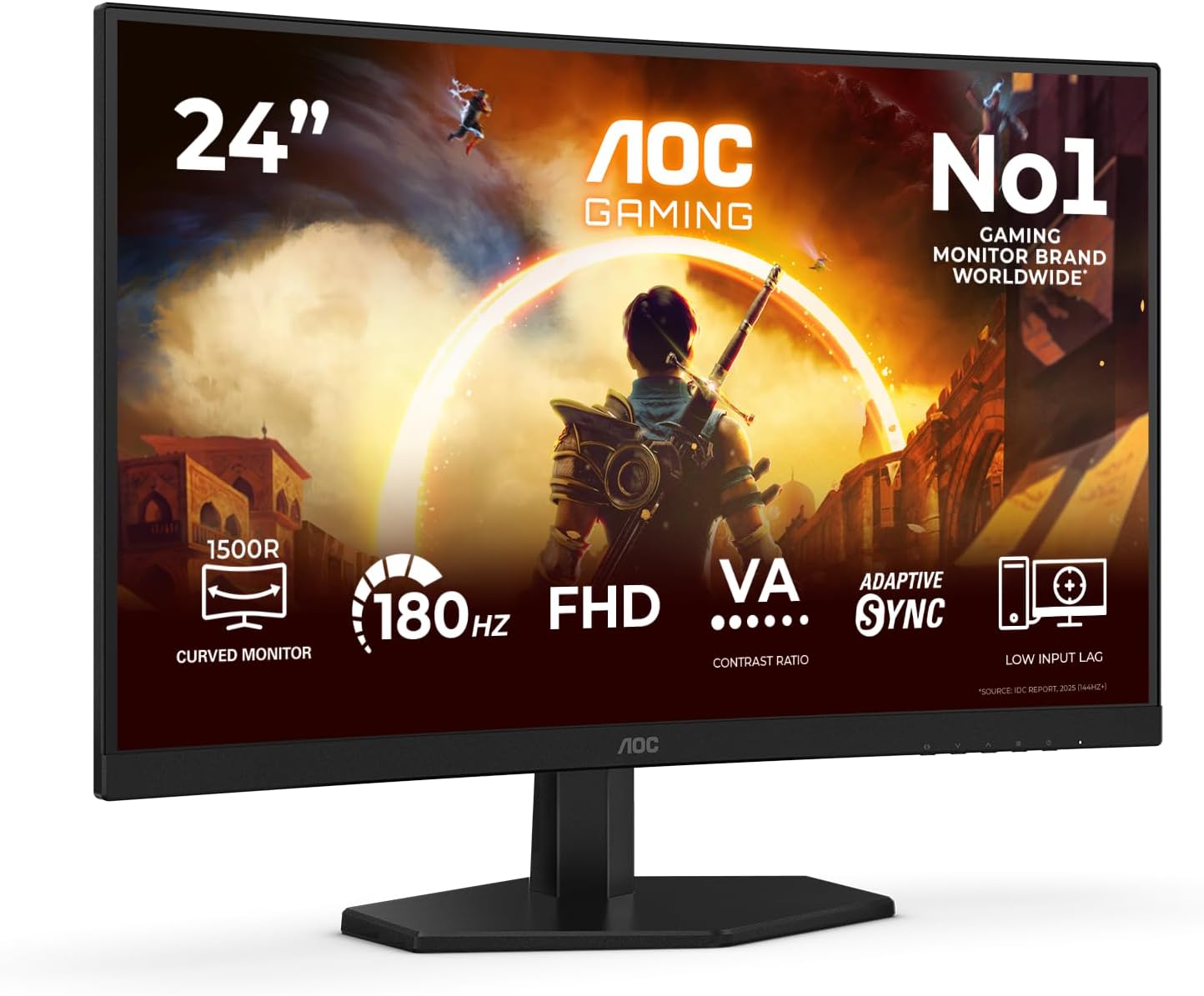 AOC C24G42FE 24 inch FHD Monitor Curved, 180Hz, VA Panel, 4ms GtG, Adaptive Sync, HDR10, FreeSync, (1920x1080 HDMI 1x 1.4 DP 1x 1.2) Black