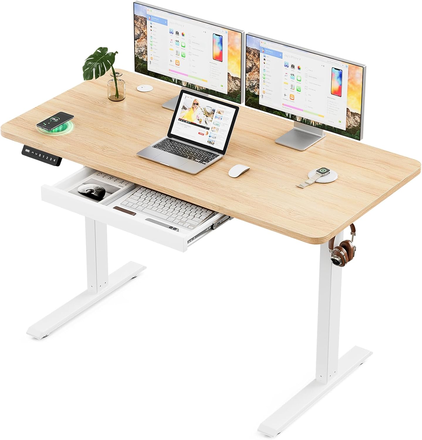 Electric Standing Desk with Wireless Charging, Height Adjustable Standing Desk with Drawers & Hooks, Sit Stand Desk with Memory Preset Controller for Home Work,Study,Living Room,Be