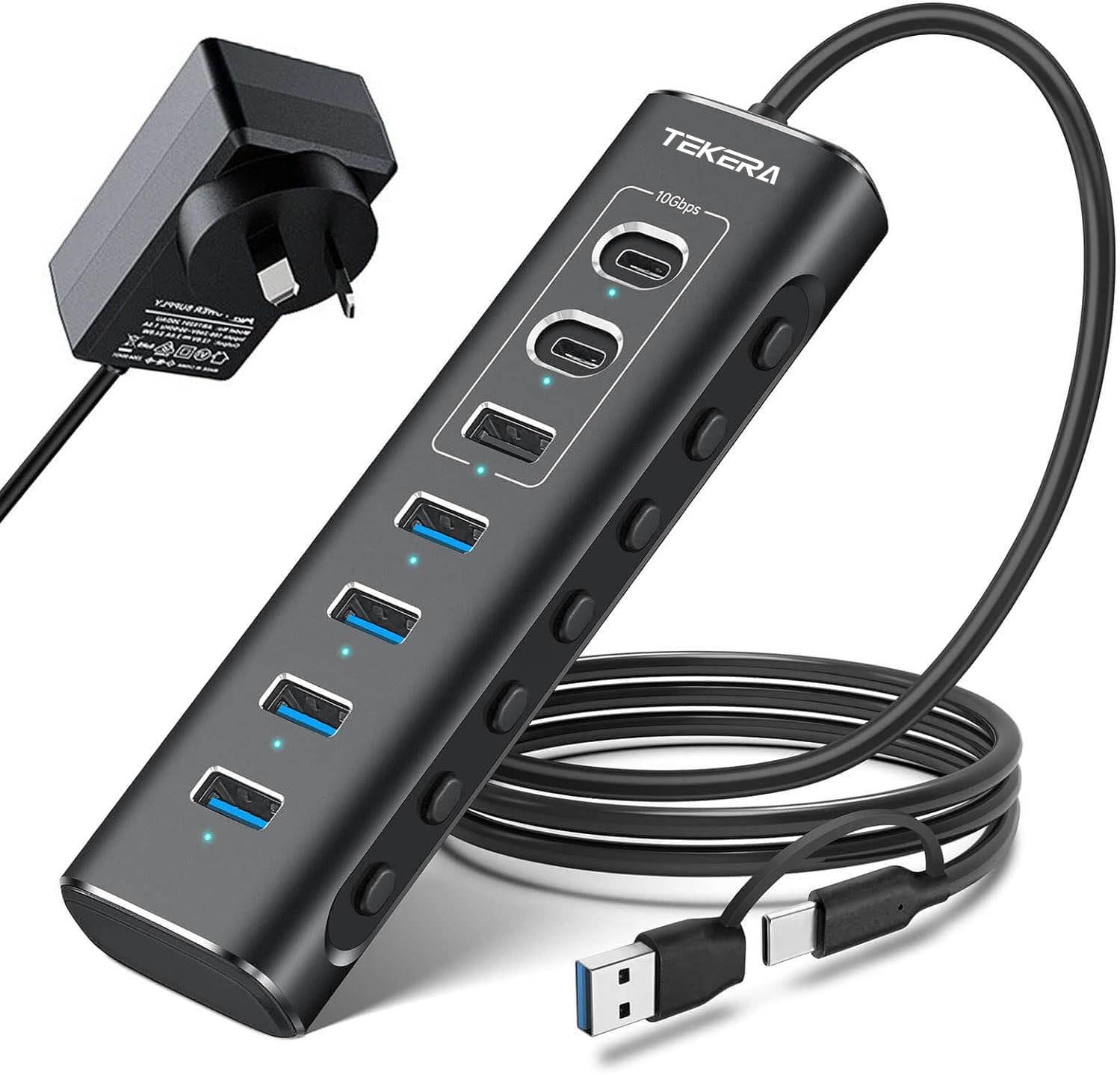 Powered USB Hub, TEKERA 7-Port USB 3.2/USB C Hub with 10Gbps USB-A 3.2, 2 USB-C 3.2, 4 USB 3.0 Ports, Individual Switches and 12V Power Adapter, Aluminum USB Port Expander for Lapt