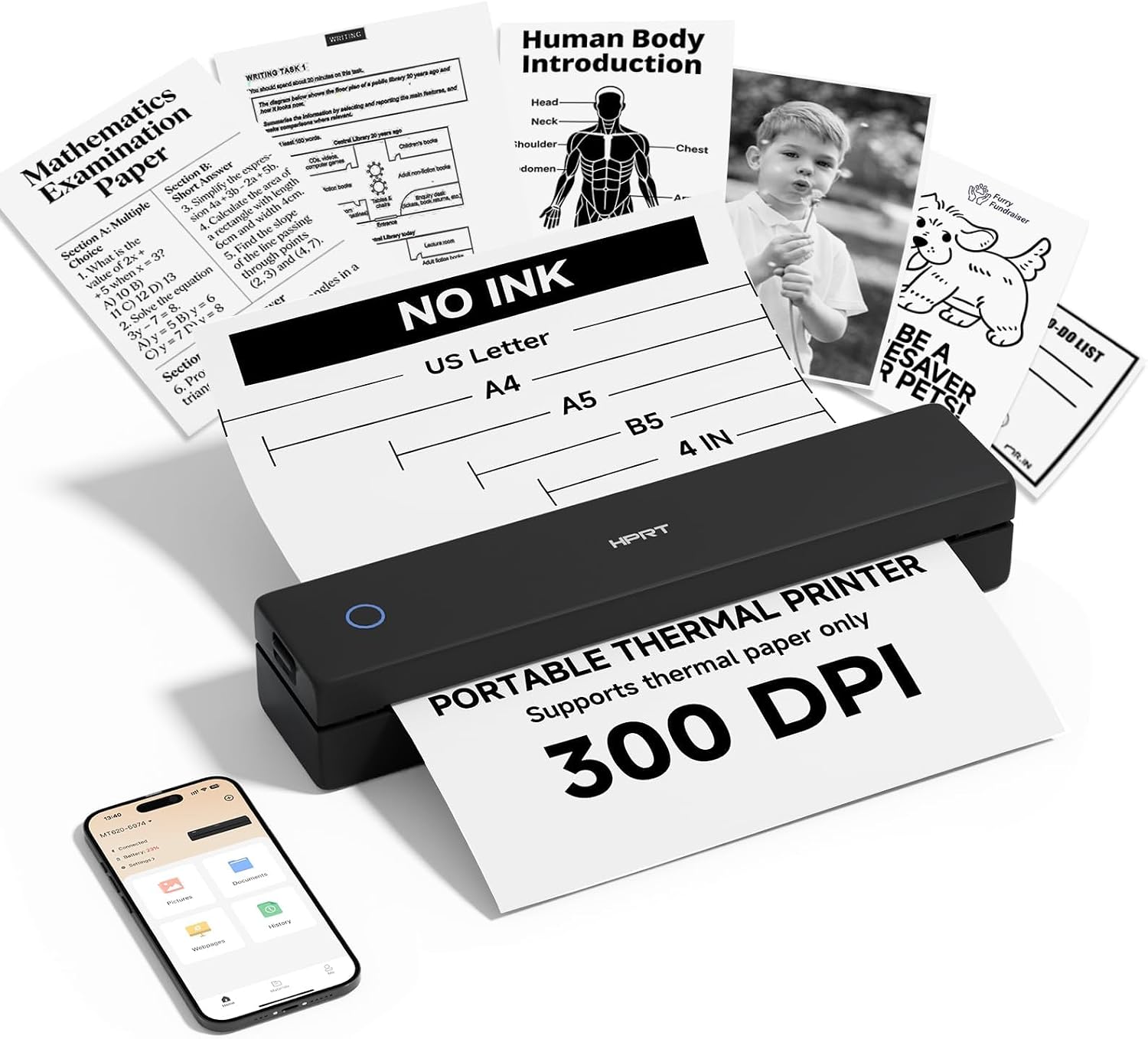 HPRT Inkless Portable Thermal Printer Wireless for Travel,MT610 Pro,300 DPI