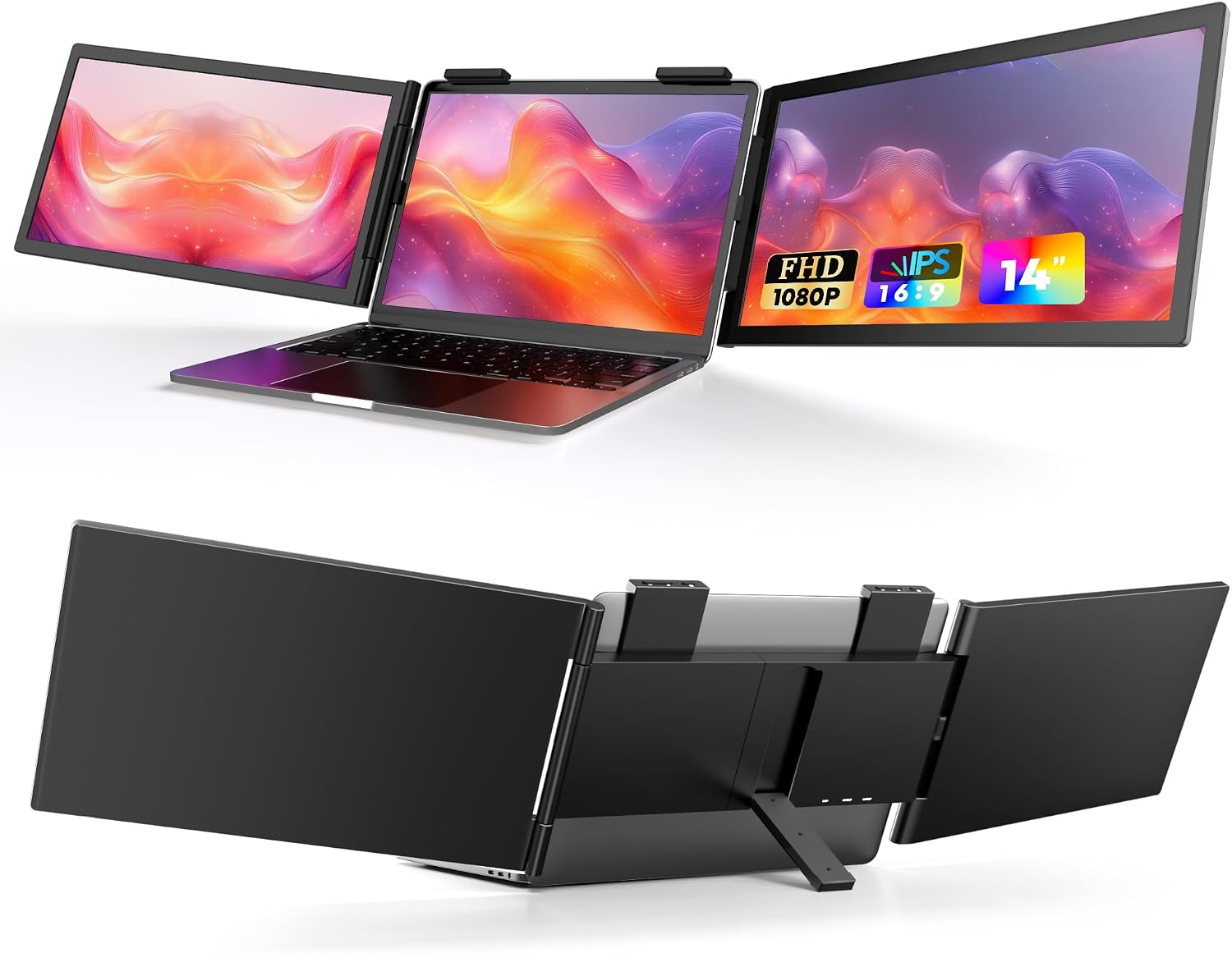 MAGICRAVEN Laptop Screen Extender, 14" FHD 1080P IPS Triple Monitor Extender, Dual Portable Monitor for Laptop 14"-16", USB C Monitor Portable Screen for Windows, Mac, Android, Chr