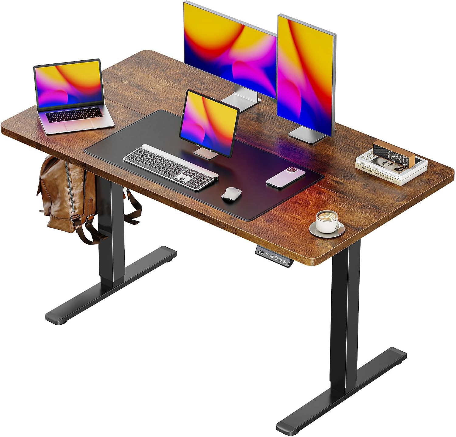 Electric Standing Desk, Height Adjustable Sit Stand Desk with Hooks, 120×60CM Ergonomic Computer Desk for Home Office, Metal Frame Powerful Motor, Brown