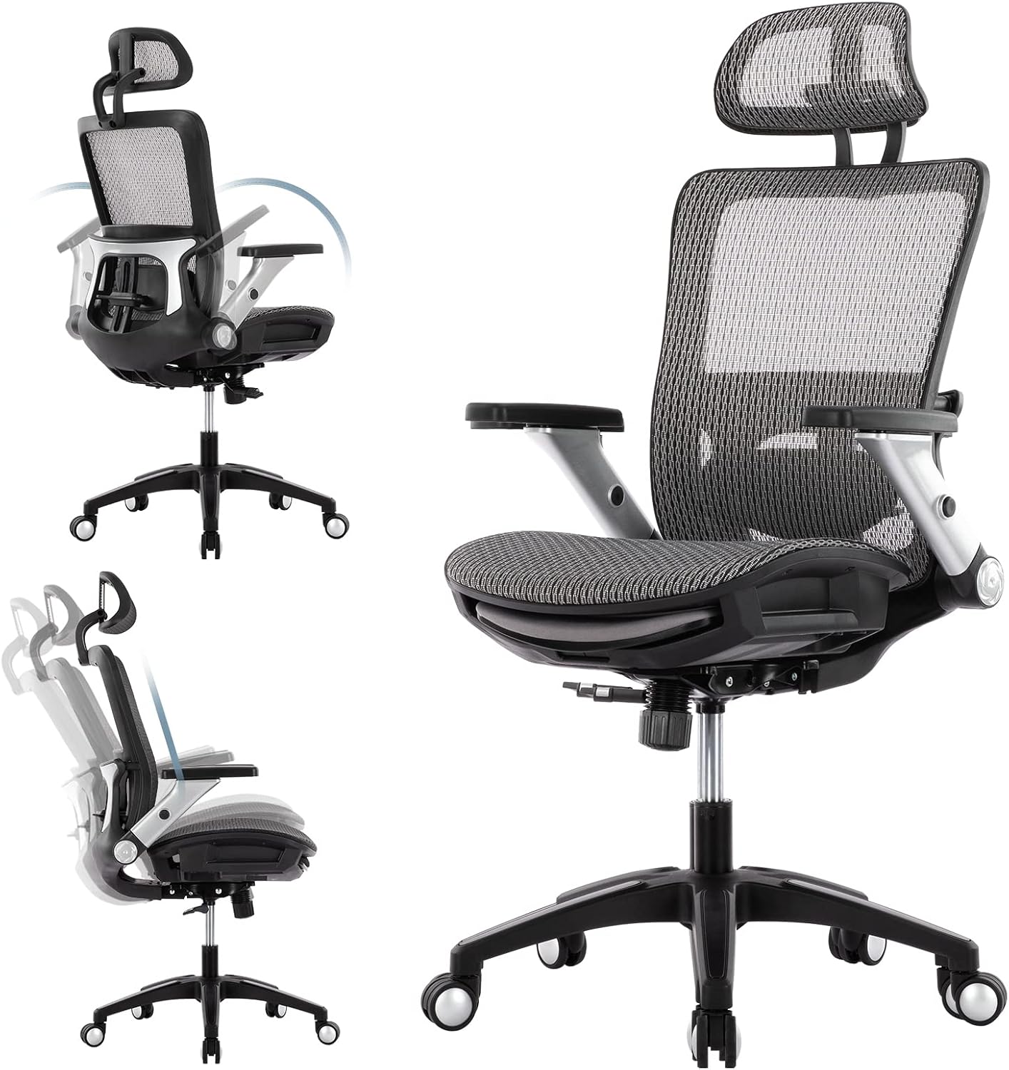 COLAMY Ergonomic Mesh Office Chair with Footrest, High Back Desk Chair with Headrest, 4D Flip-Up Armrests, Adjustable Lumbar Support & Tilt Lock, Reclining Computer Chair, Black, 1