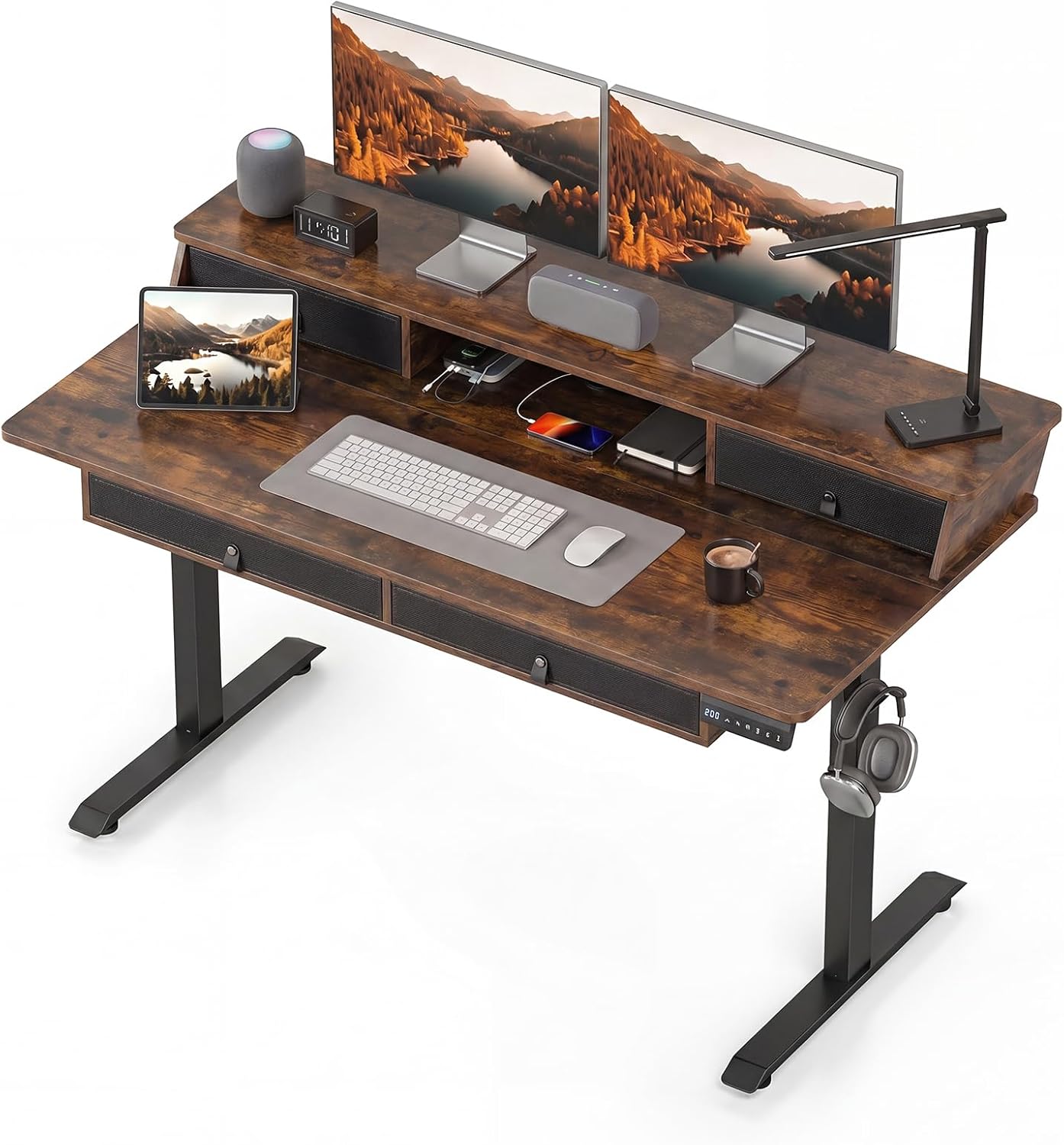 Giantex Electric Standing Desk 140cm w/Monitor Stand&Drawers (Rustic Brown)