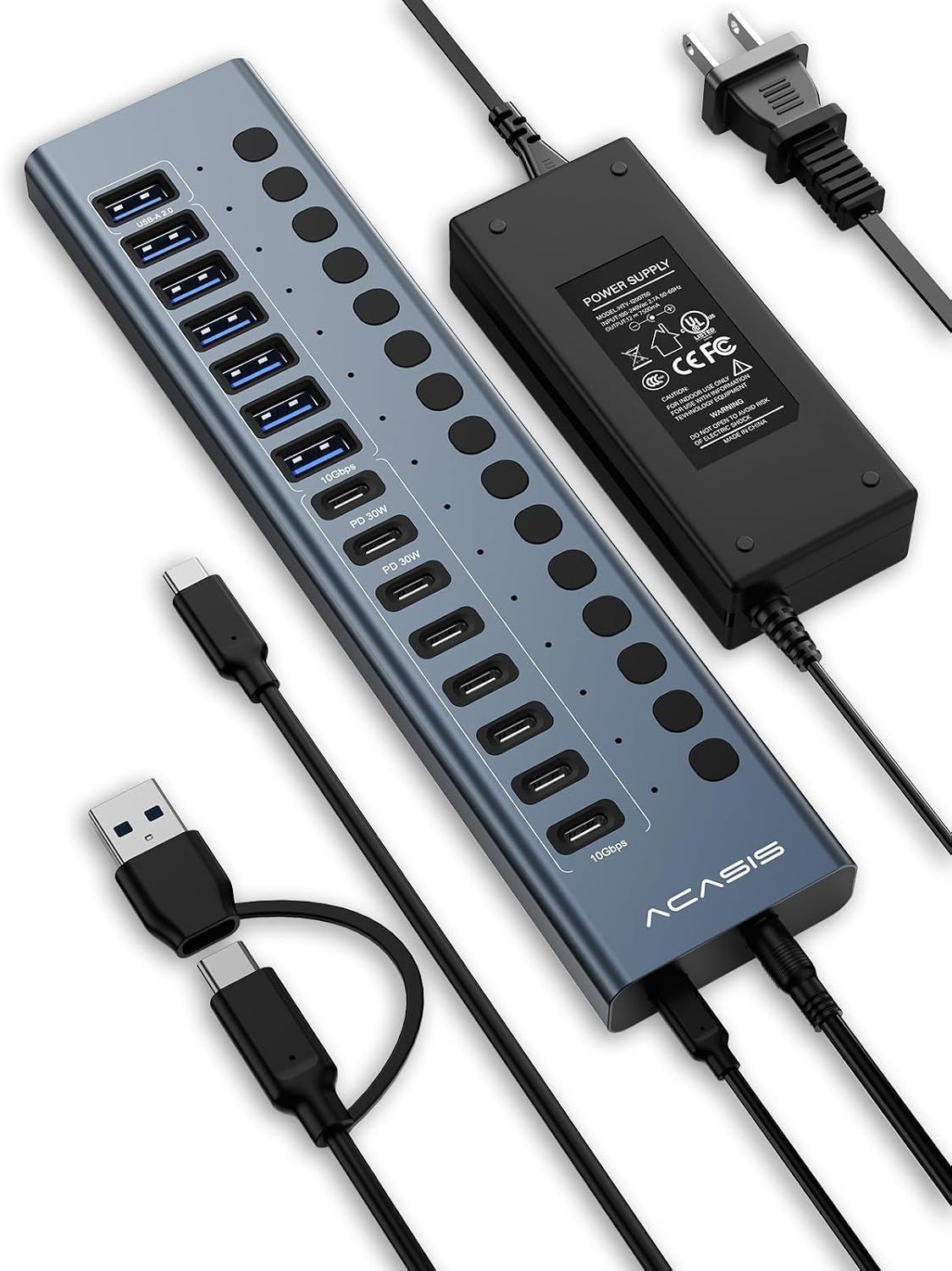 ACASIS Powered USB C Hub, 16-in-1 USB 3.2 Hub 10Gbps, 6 USB-A 3.2 + 2 USB-A 2.0+ 8 USB-C 3.2 Ports, Dual USB-C PD 30W, 150W Adapter, 3.3FT Cable, Aluminum USB Hub for PC, Laptop, M