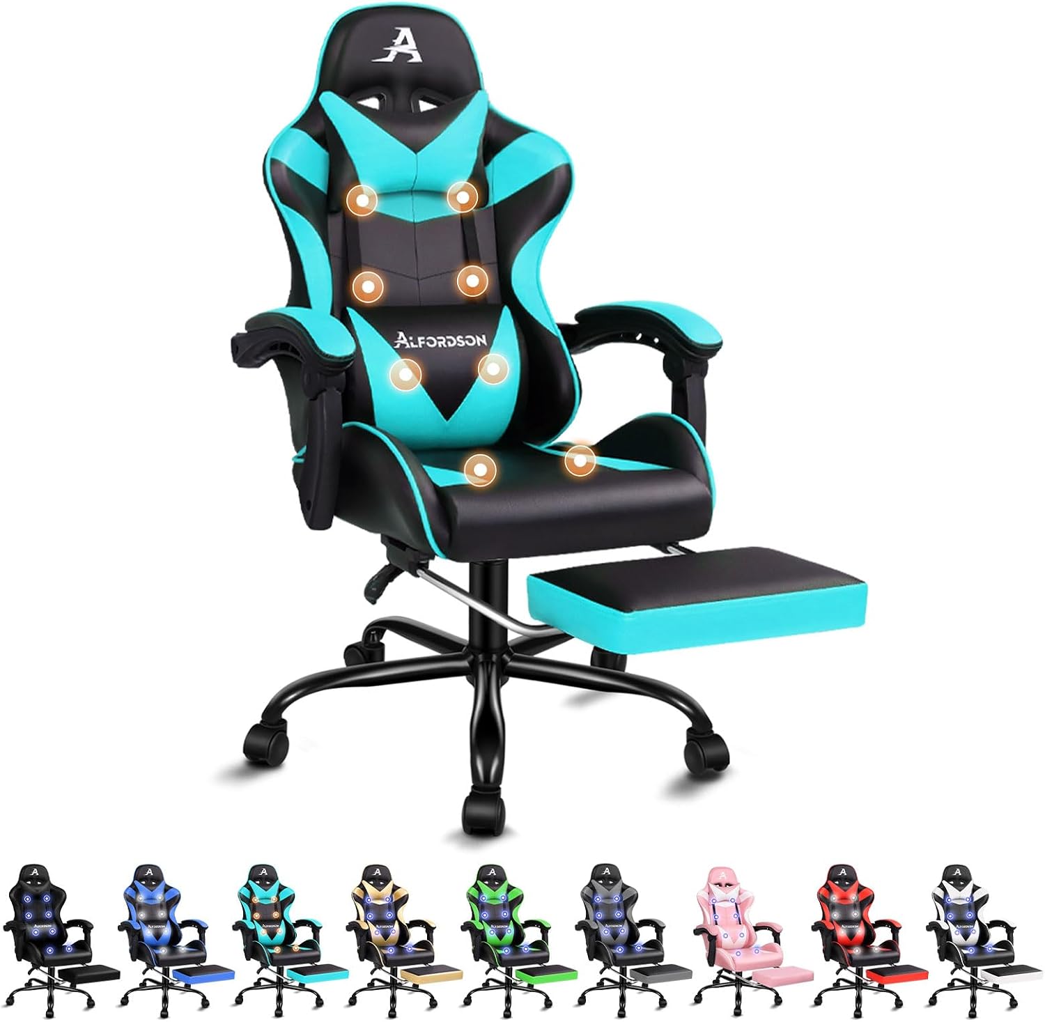 ALFORDSON Gaming Chair with 8 Points Massage and Recline, Ergonomic Executive Office Chair PU Leather with Footrest, Height Adjustable Racing Chair, 180kg Capacity (Eryx Cyan)