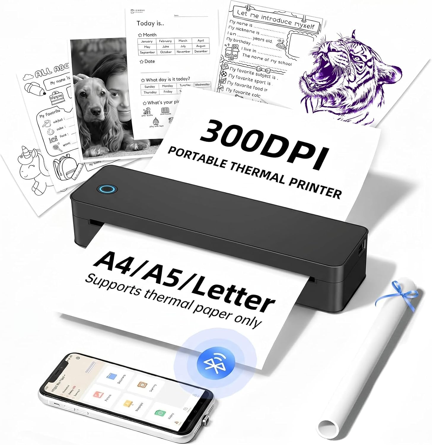 Portable Thermal Printer for Travel - 300DPI Mobile Inkless Printers