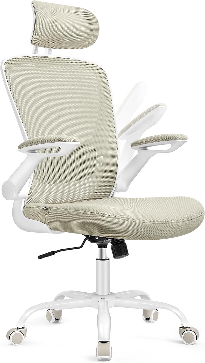 SONGMICS OBN047K01 Ergonomic Office Chair, Swivel Chair with Mesh, Lumbar Support and Headrest, Rocker Function, 53cm Seat, Folding Armrests, Office, Bedroom, Students, Cappuccino