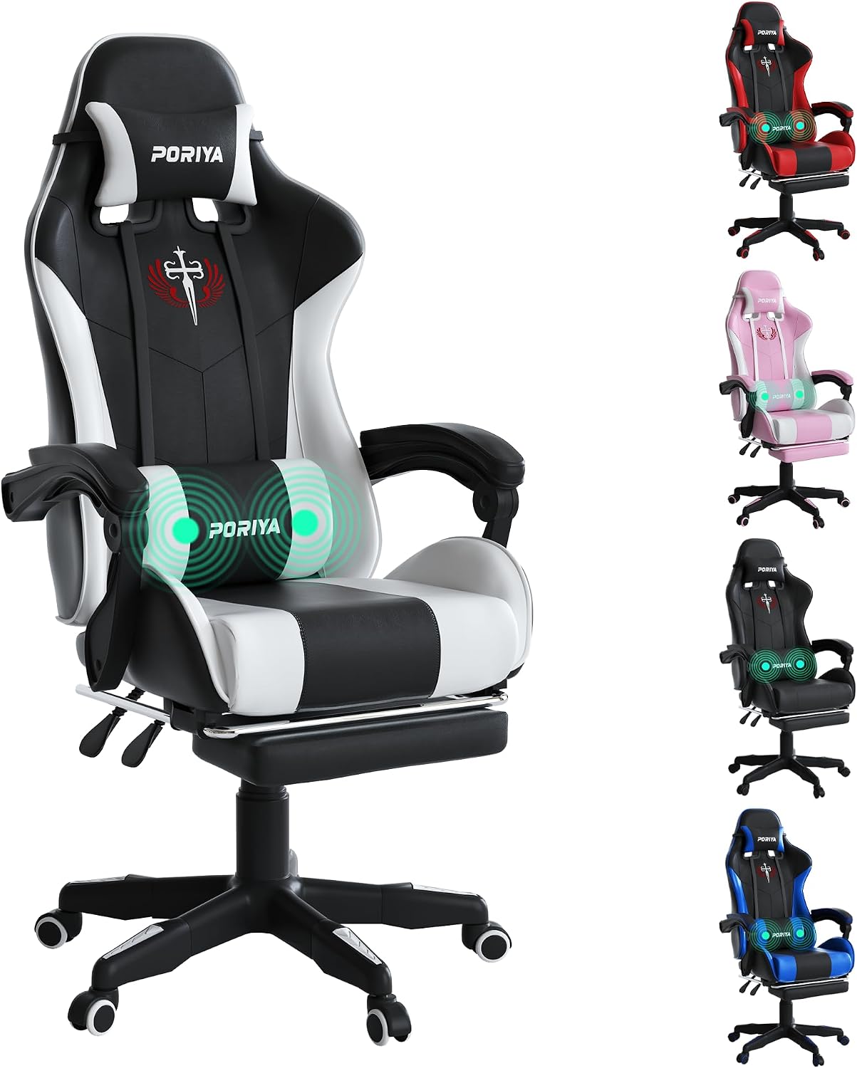 Gaming Chair with Adjustable Backrest, Ergonomic Executive Office Chair, Height Adjustable Racing Chair Maximum Gaming Experience (White with Massage)