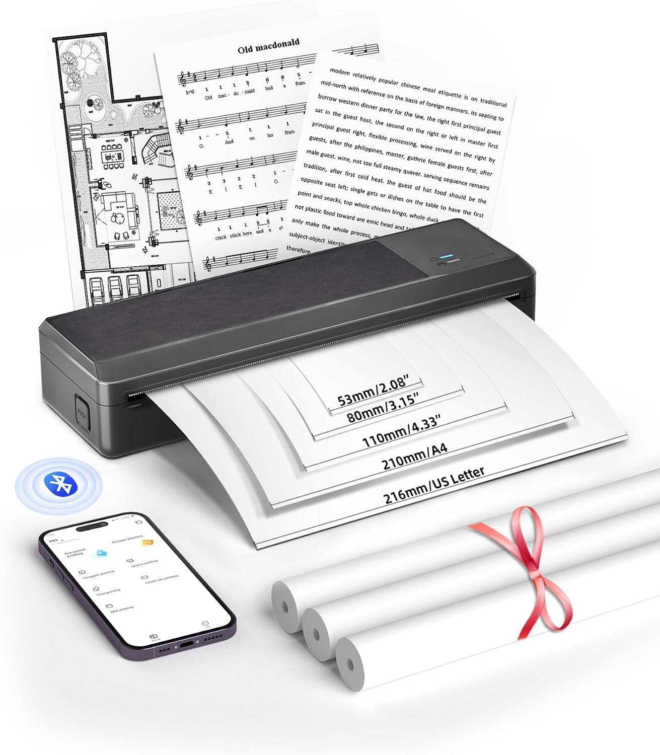 BO4NSHIP A4 Portable Thermal Printer – P83 Thermal Printer a4 with 3 Rolls, Wireless Mobile Bluetooth Printer Compatible with Phone & Laptop, Inkless Printer for Home, Office, Car,