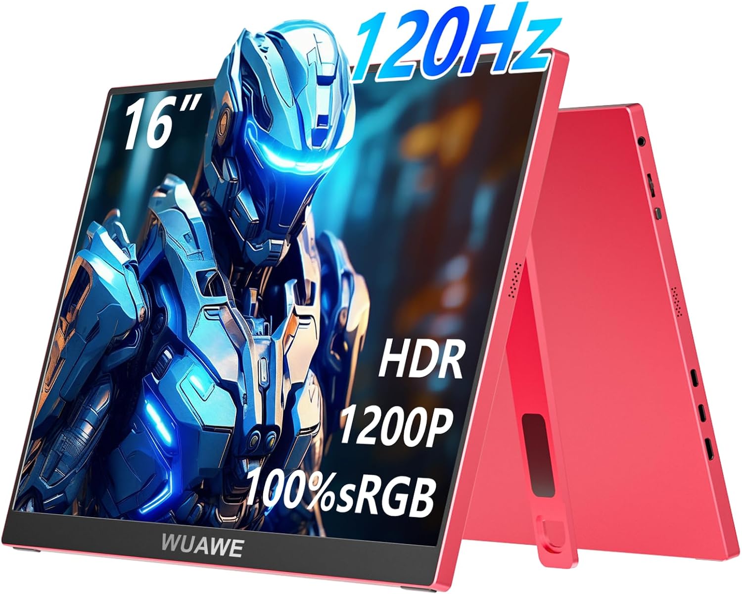 WUAWE 16" 1200P 120Hz Portable Monitor, 100% sRGB Portable Gaming Monitor with Built-in Stand,HDR and Freensync, External USB C Monitor for Laptop, PC, Phone, Switch and PS5 (Red)