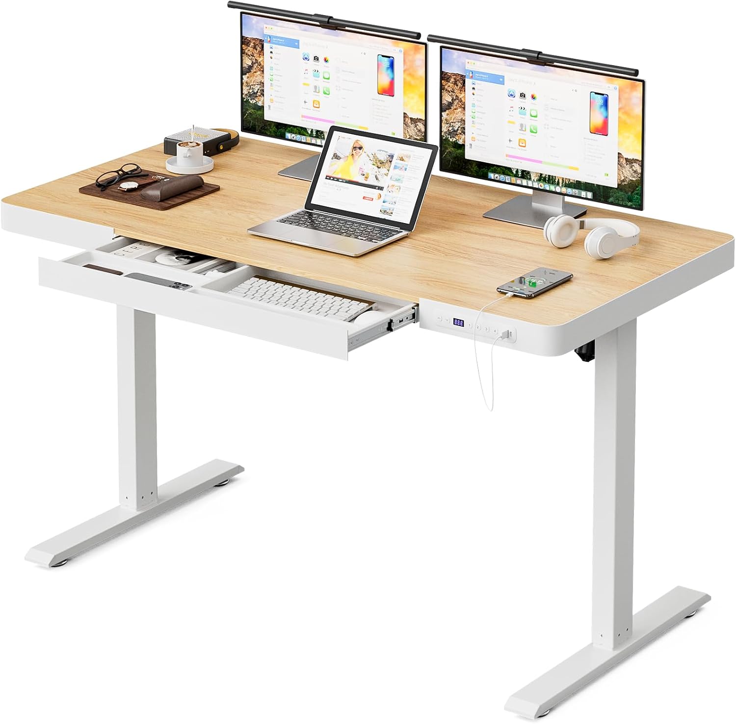 Electric Standing Desk with Drawers & USB Ports, Height Adjustable Sit Stand Desk with Power Outlets, One-Piece Wooden Tabletop