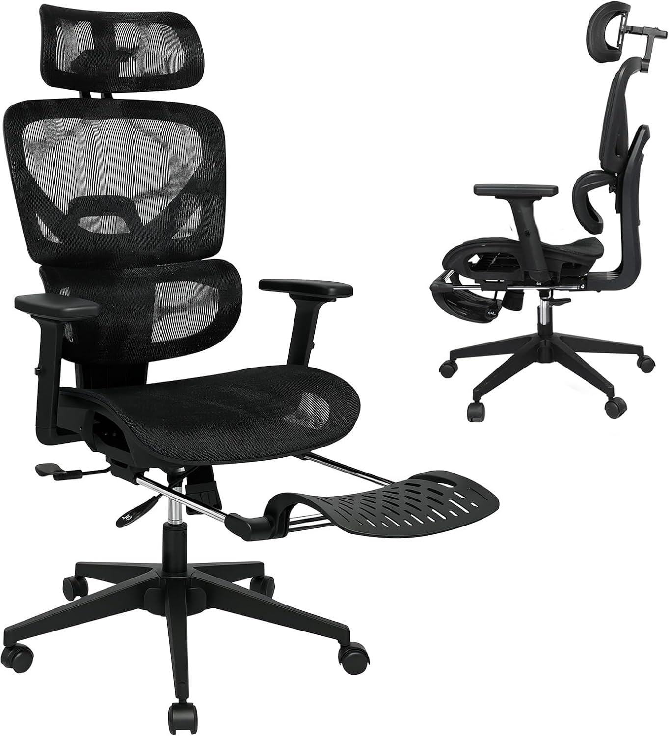 LEVEDE Ergonomic Office Chair with Foot Rest, Mesh Office Chair 4D Adjustable Armrest and Lumbar Support, 150kg Capacity Reclining Wide Home Office Desk Chairs (Black)