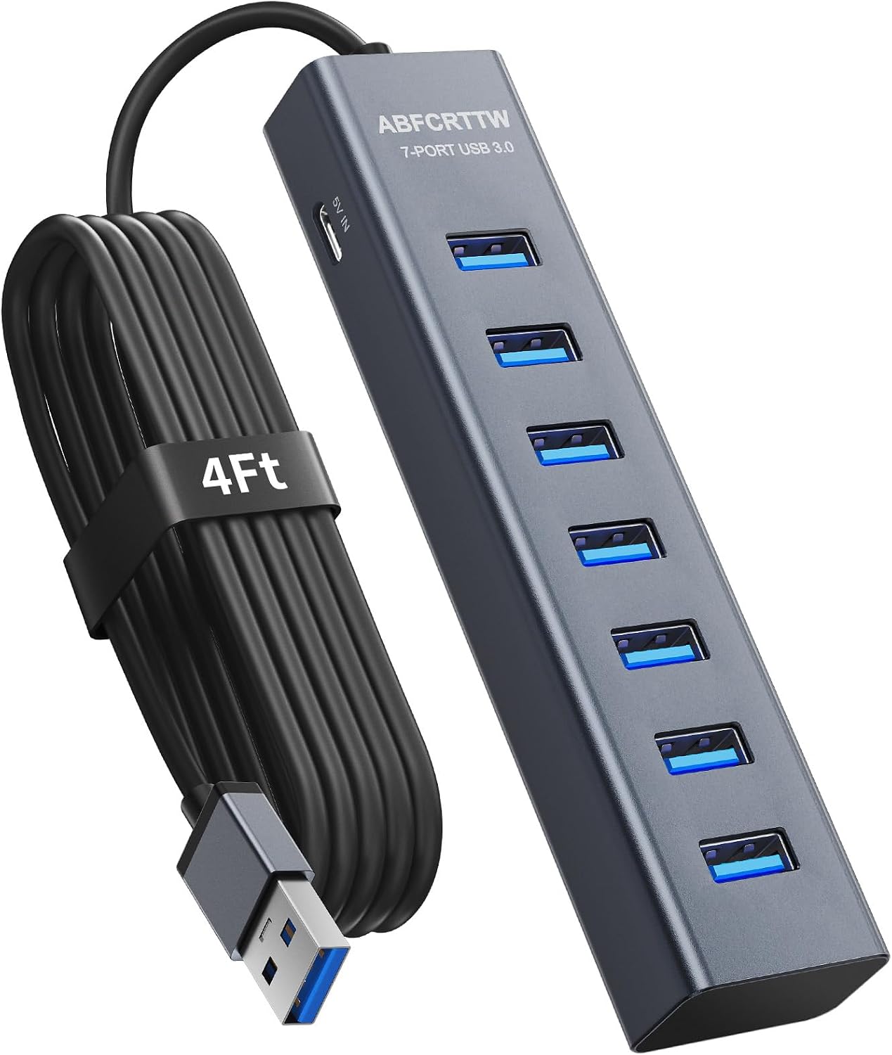 4Ft 7-Port USB Hub 3.0 for Desktop - Aluminium USB Extender Hub 5Gbps Multiport Adapter, USB Splitter, USB Hub Long Cable for Desktop, PC, Flash Drive, PSSD, Windows/XPS, 1.2m