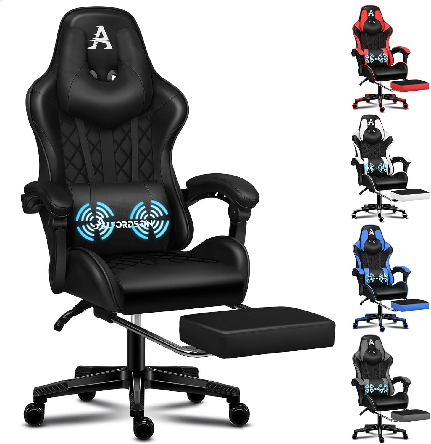 ALFORDSON Gaming Chair with Footrest and Massage Lumbar Cushion, Ergonomic Computer Office Chair with 150° Recline, PU Leather Video Game Desk Seater 180kg Capacity (Ethan Black)