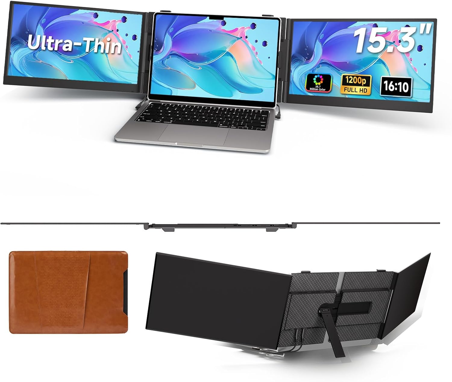 Laptop Screen Extender - 15.3" Ultra-Thin Triple Portable Monitor 1200P FHD IPS Attachment Screen for 15"-17.3" Laptops Compatible with Wins Mac Dex Chrome Switch