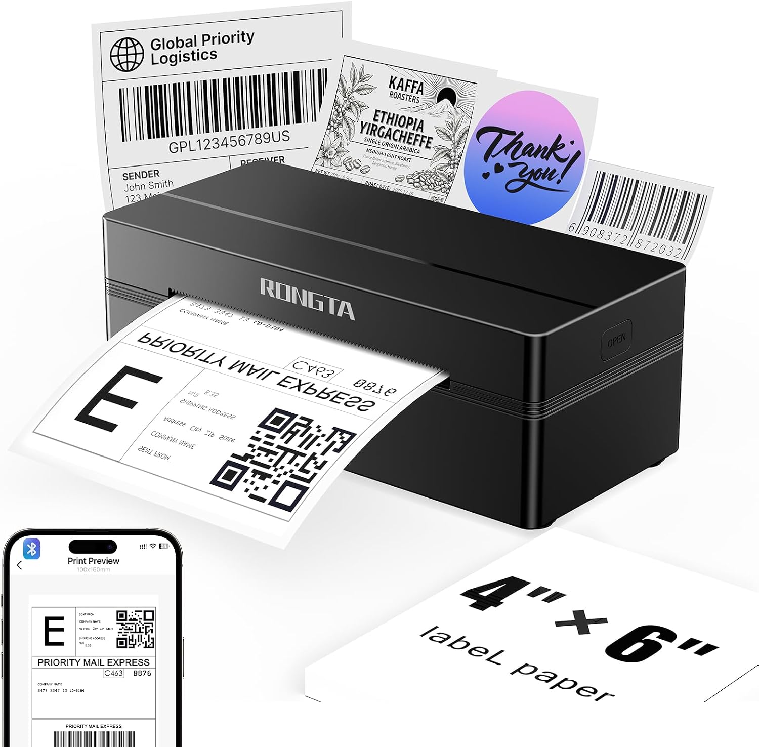 Rongta Bluetooth Shipping Label Printer, Wireless 4x6 Thermal Label Printer for Shipping Packages, Support Android, iPhone