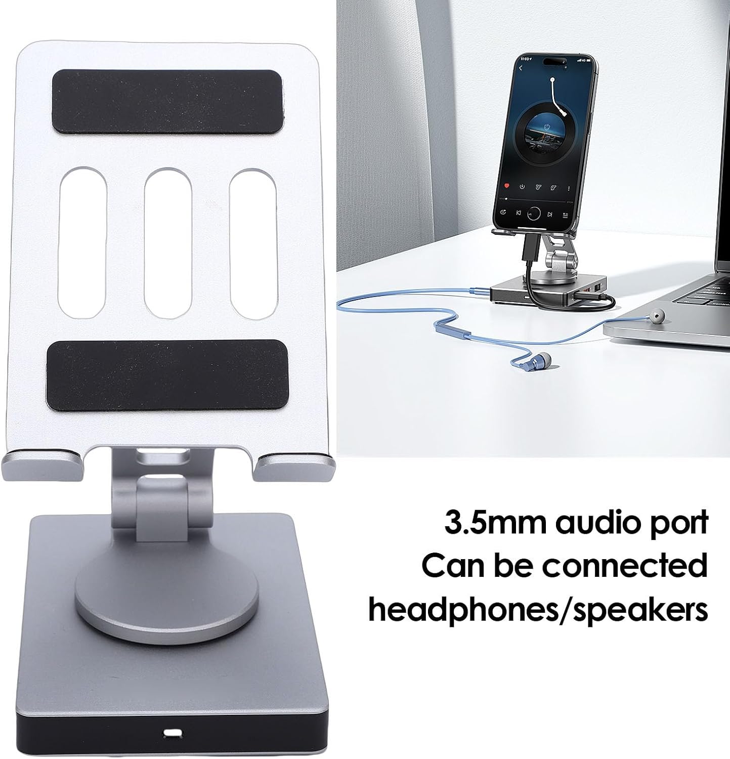 XUMIUZIY Tablet Stand with USB C Hub 8 in 1, Aluminum Tablet Holder with Docking Station, 360 Swivel Base, 4K HDMI, 100W PD Charging, USB 3.0, RJ45, 3.5mm Audio, SD/TF Reader