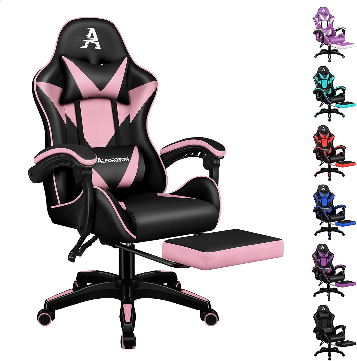 ALFORDSON Massage Gaming Chair with Armrest Headrest Pink Color Valkyrie Series, Ergonomic Recliner with Lumbar Cushion and Footrest, Leather Computer Desk Chair for Home Office