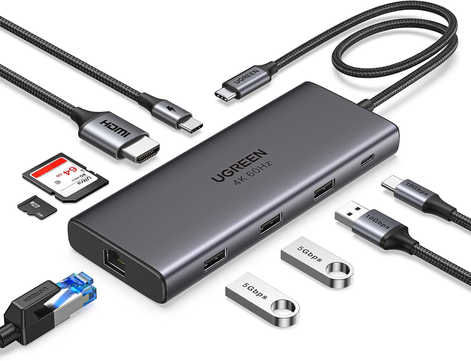 UGREEN USB C Hub 9 in 1, 4K@60Hz HDMI, USB A& C 3.2 Data, SD/TF Card Reader