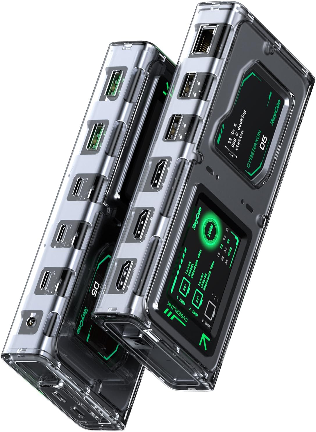 RayCue CyberAxon D5 13-in-1 Laptop Docking Station Dock - USB C Docking Station with 2.4" Touchscreen, 3X HDMI (4K@60Hz), 100W PD, 10Gbps USB-C, Ethernet, for Mac/Windows/iPad