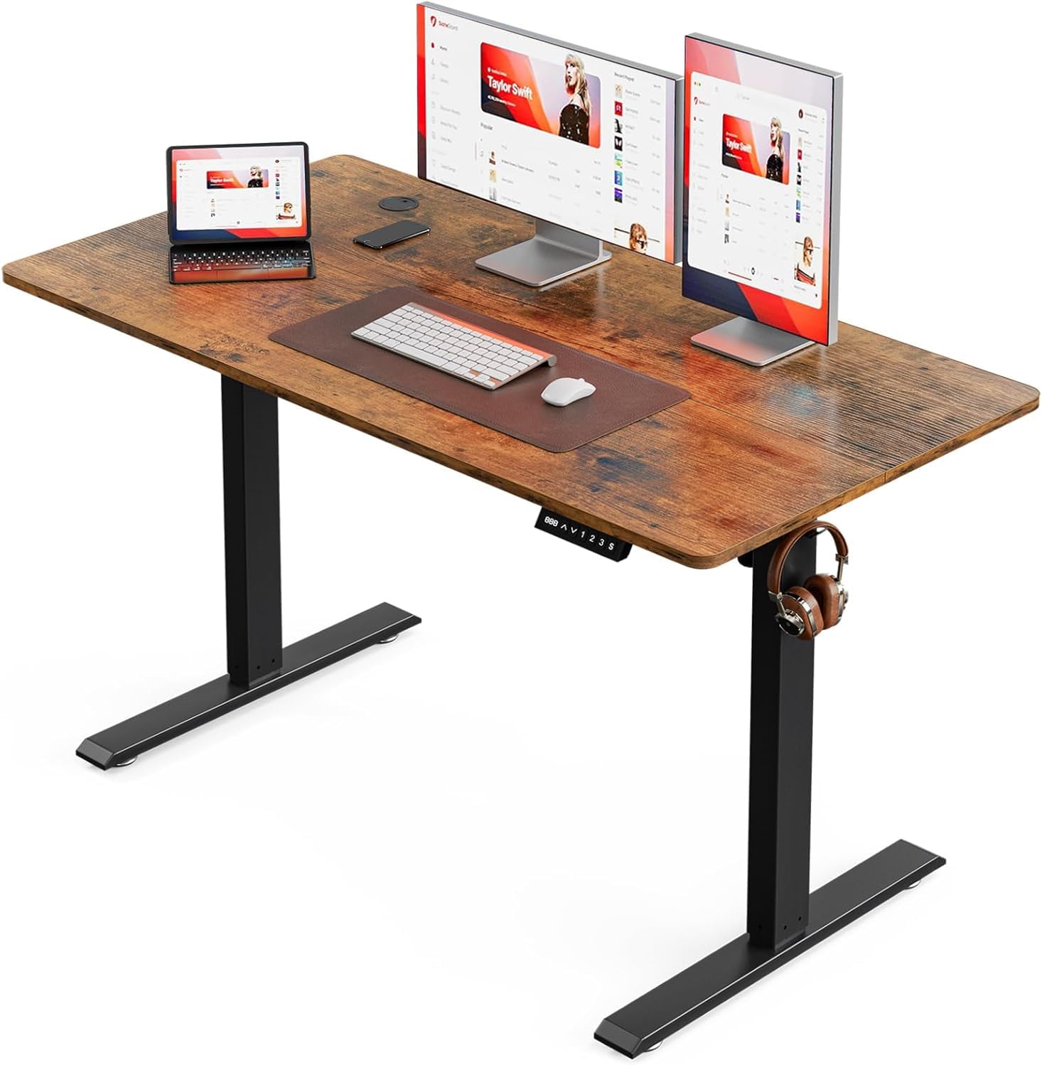Electric Standing Desk, Height Adjustable Sit Stand Desk with Hooks, 120×60CM Ergonomic Computer Desk for Home Office, Metal Frame Powerful Motor, Brown (BilySen)