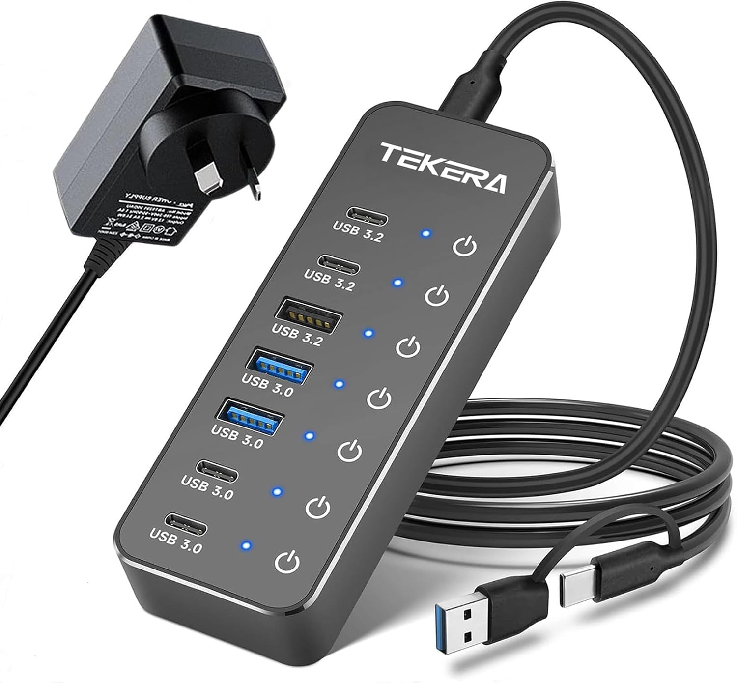7-Port Powered USB 3.2/USB-C Hub Splitter with 3 x 10Gbps USB-3.2 Ports (2C + 1A),4 USB-3.0 Ports (2C + 2A), 3.3ft Cable, Touch Switches, and 5V Power Adapter for Laptop PC