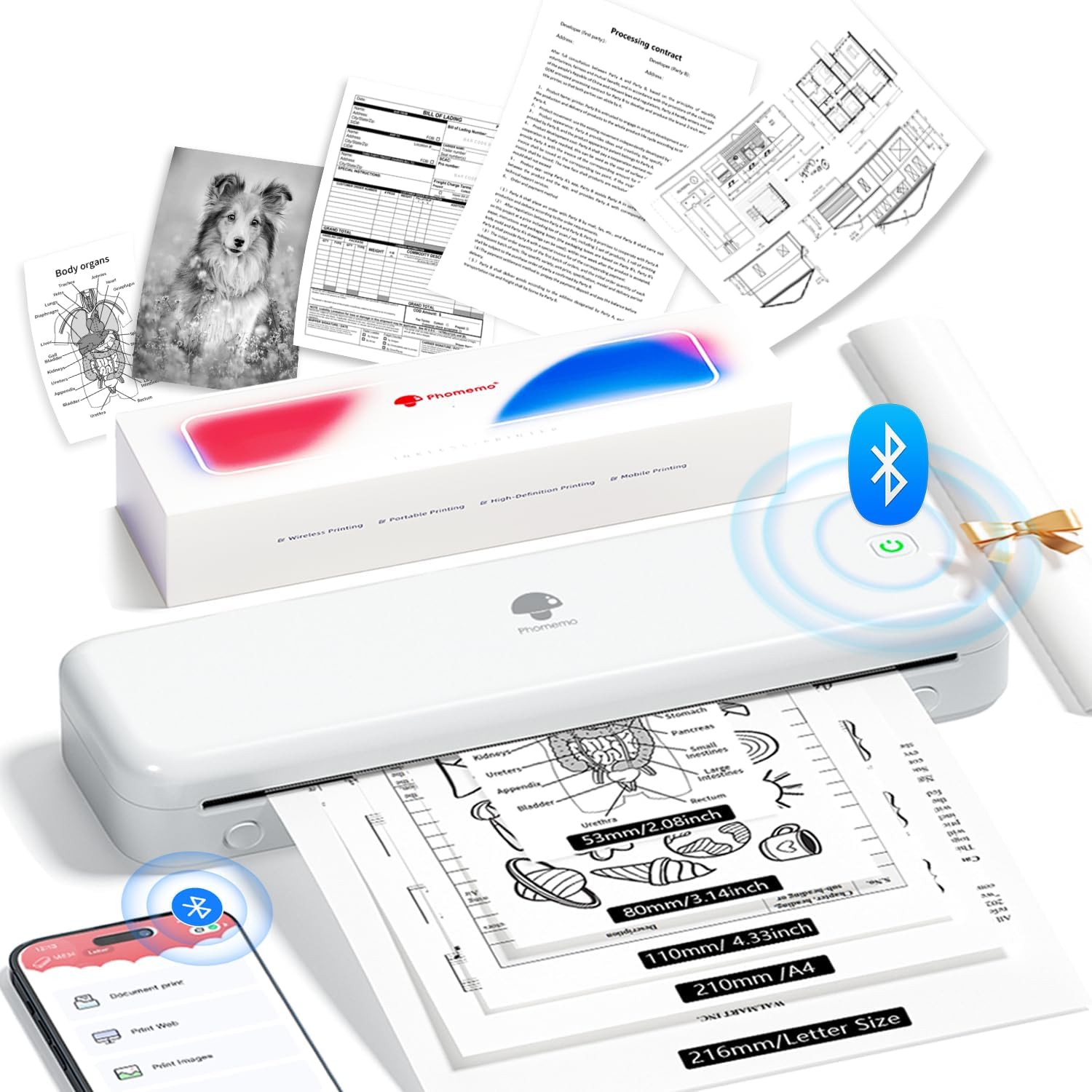 Phomemo M834 300Dpi Portable Printer, Wireless Bluetooth Thermal Printer
