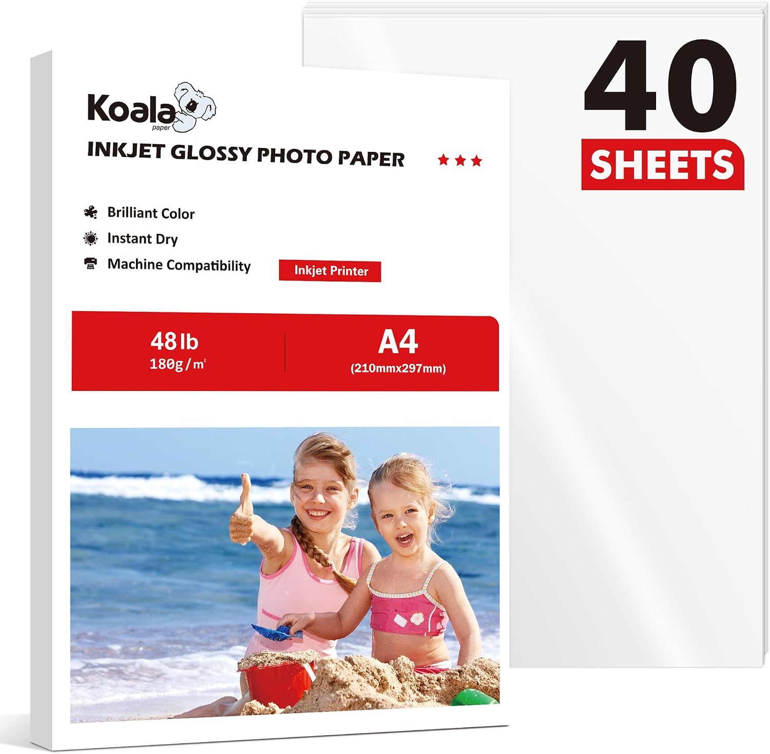 Koala Glossy Photo Paper A4, 40 Sheets Inkjet Photo Printer Paper 48LB