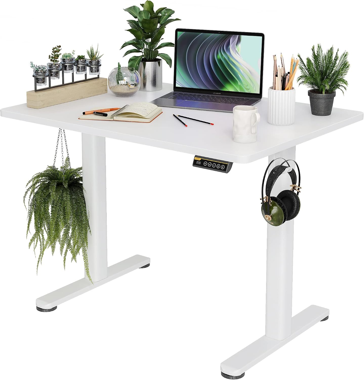 Claiks Electric Standing Desk, Adjustable Height Stand up Desk, 100x60cm Sit Stand Home Office Desk with Splice Board, White Frame/White Top