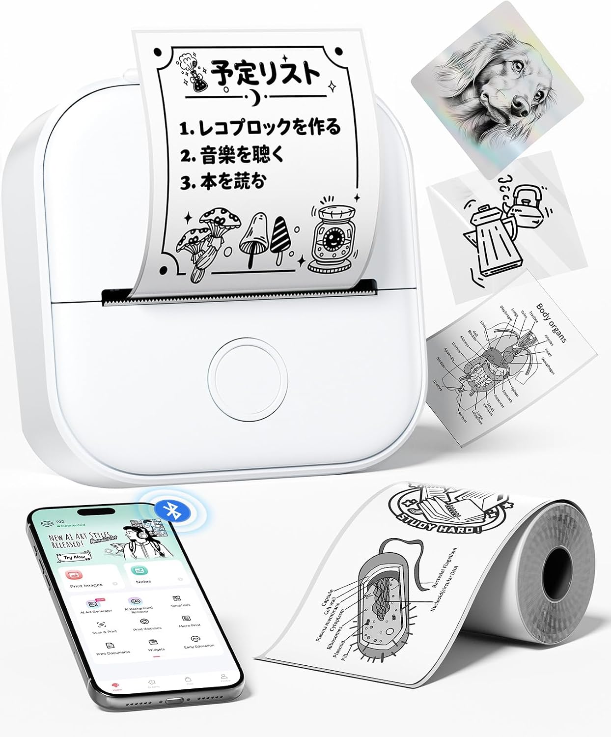 Phomemo Sticker Printer- T02 Mini Thermal Printer Portable Inkless Pocket Printer Bluetooth Photo Printer for Pictures, Photos, Journals, DIY, Compatible with Phone & Tablet-White