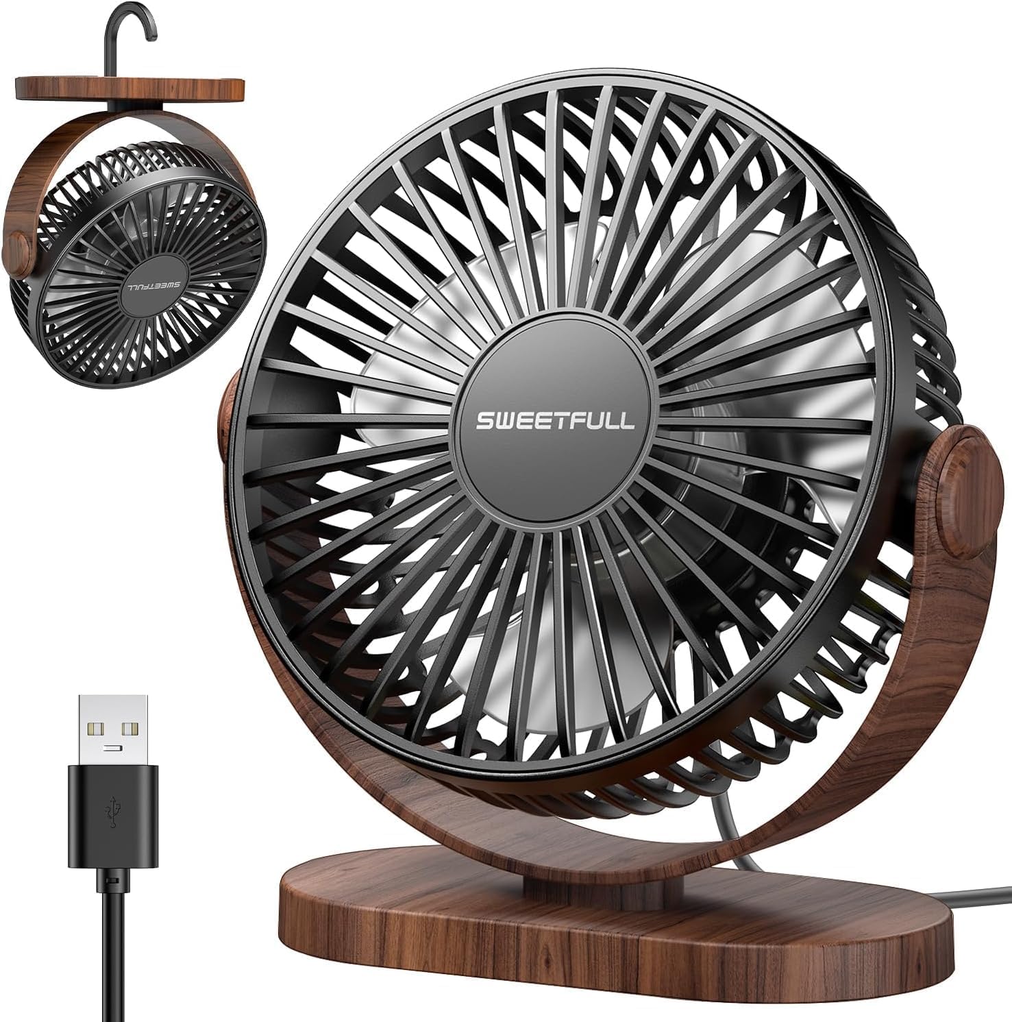 SWEETFULL Desk Fan, Small USB Fan Quiet, 3 Speed Portable Table Fan, 360° Adjustable Personal Desktop Fan with Wood-pattern for Bedroom Office, Summer Gifts for Friends and Family,