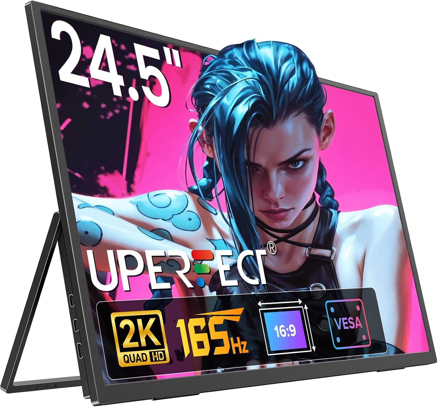 UPERFECT 24.5" 2K 165Hz Portable Monitor w/VESA & 180°Adjustable Stand, 2560 * 1440 QHD FreeSync IPS HDR Large Gaming Display, USB-C HDMI Travel Second Monitor for Laptop Switch Ph