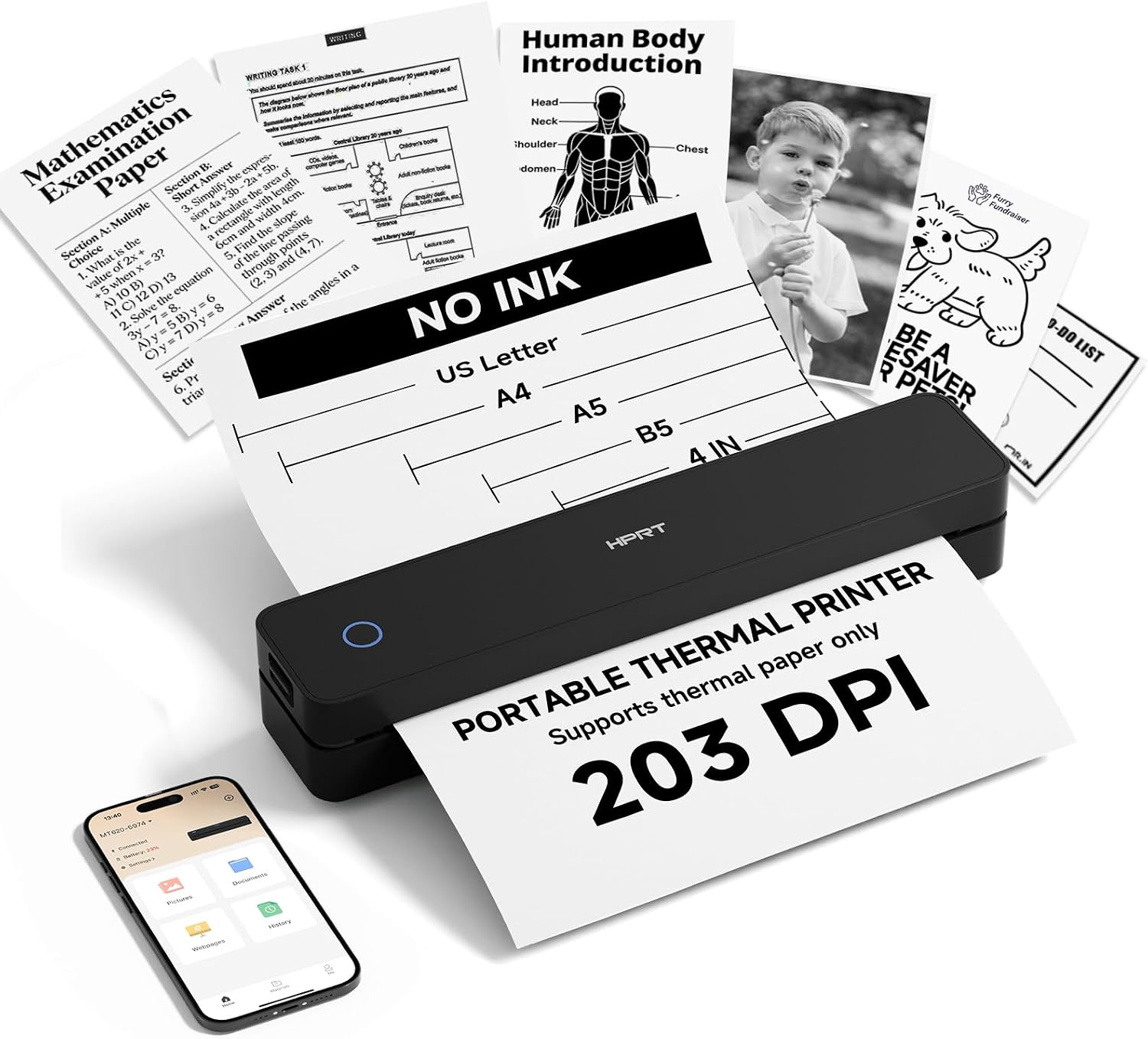 HPRT Inkless Portable Thermal Printer Wireless for Travel,MT610,203 DPI