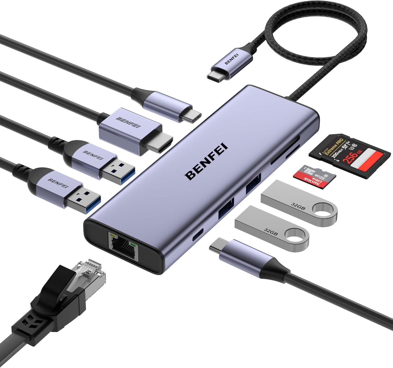 BENFEI USB C Hub 10-in-1 Docking Station, 4K@60Hz HDMI, Gigabit Ethernet, 100W PD, 5Gbps USB-C Data, 4X USB-A 3.0, 170MB/s SD/TF Card Reader for MacBook Pro/Air, iPad Pro, iMac, Ga