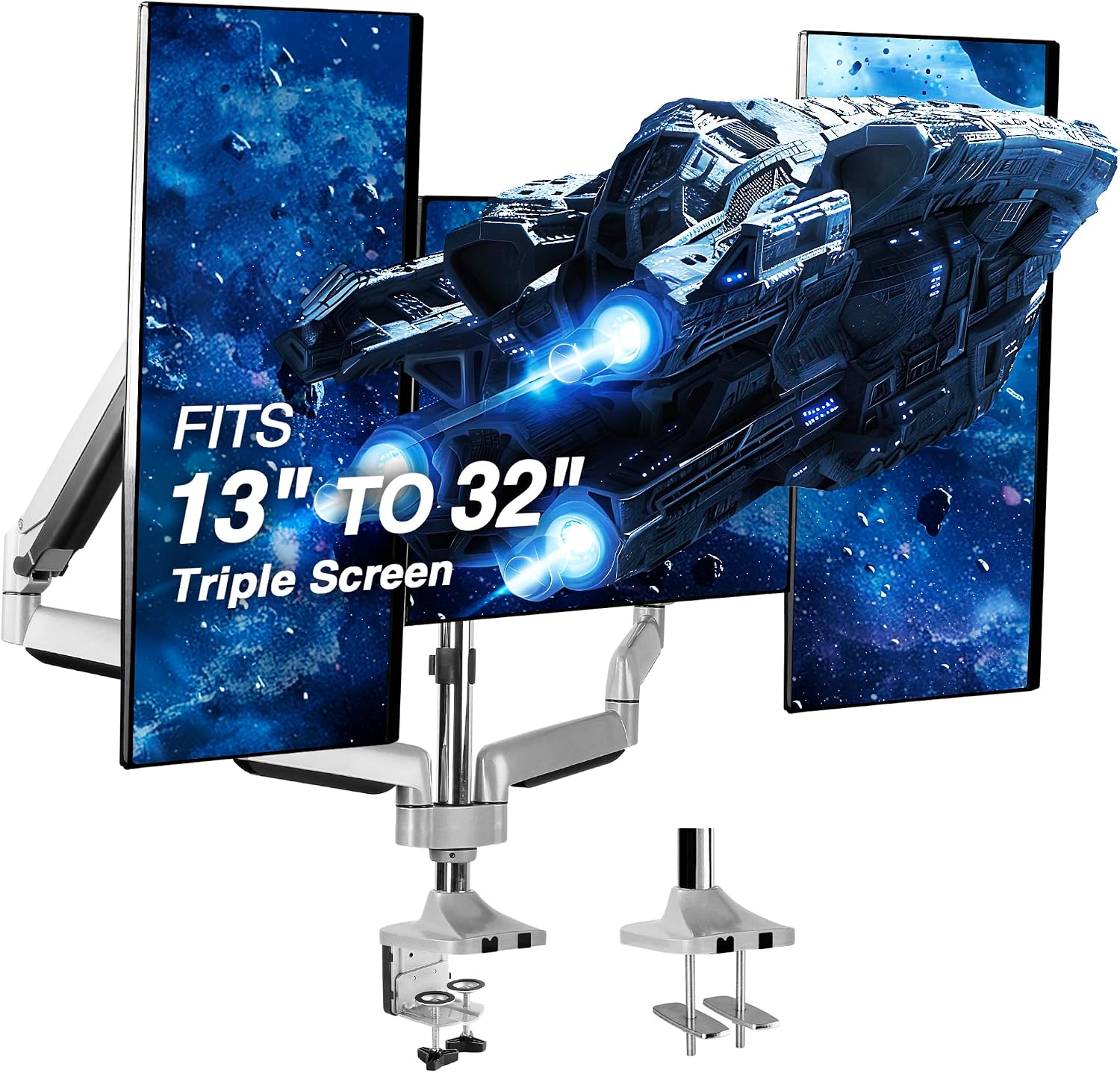 AVLT Triple Monitor Arm Desk Mount for 13"-32" Screens - Silver