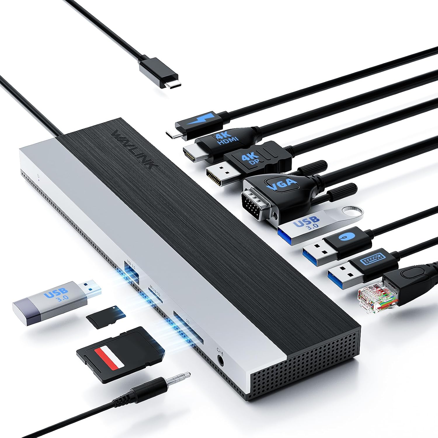 USB-C Docking Station 3 Monitors, WAVLINK Docking Station with HDMI, DP, VGA, 100W PD, USB3.0&2.0, RJ45, SD/TF Slots, Audio/Microphone for Lenovo/HP/Dell etc - Grey